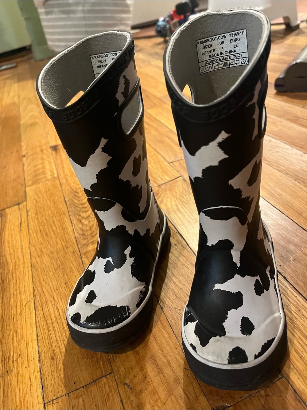 Bogs Kids Black and White Cow Print Rain Boots